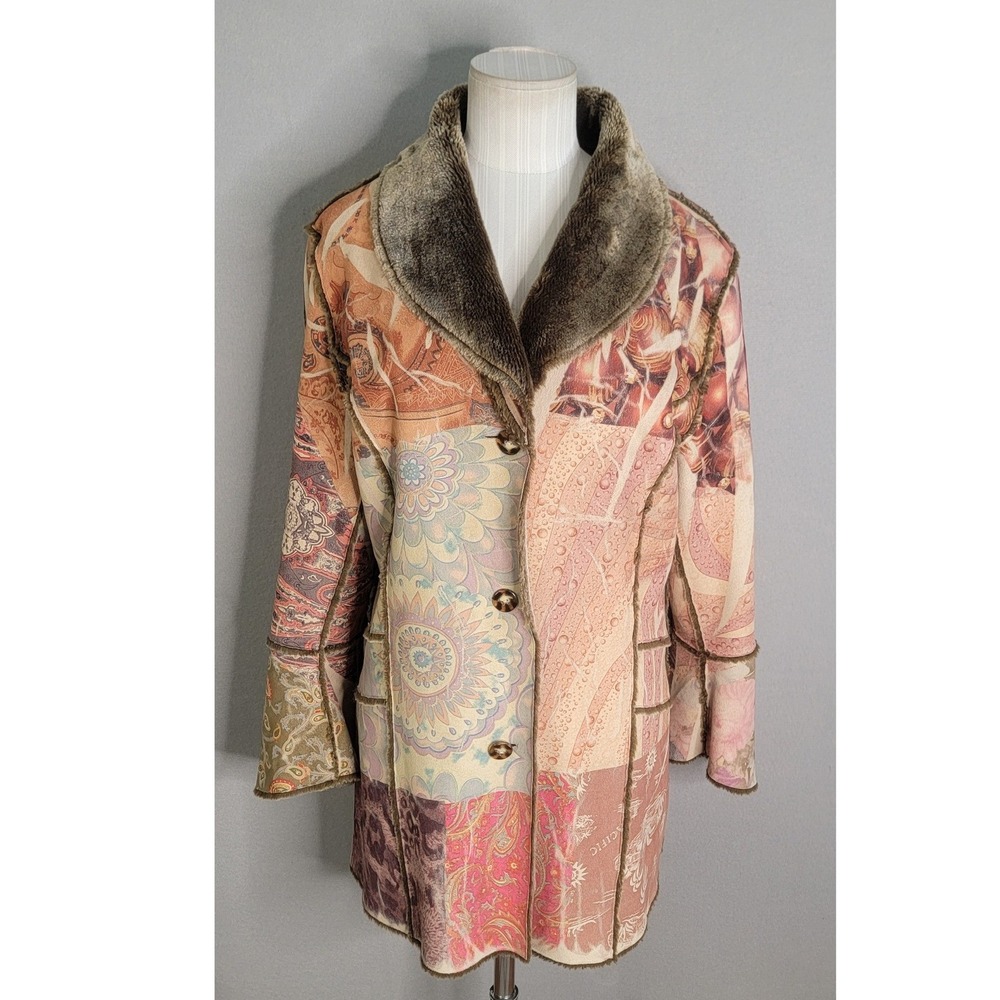 Lapis Patchwork Faux Fur Lined Coat M Multicolor Boho Mid Length Jacket Women